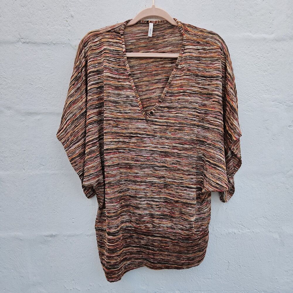 Elan Top Womens Large Multicolor Metallic Knit Boho Kimono Oversized Tunic Shirt